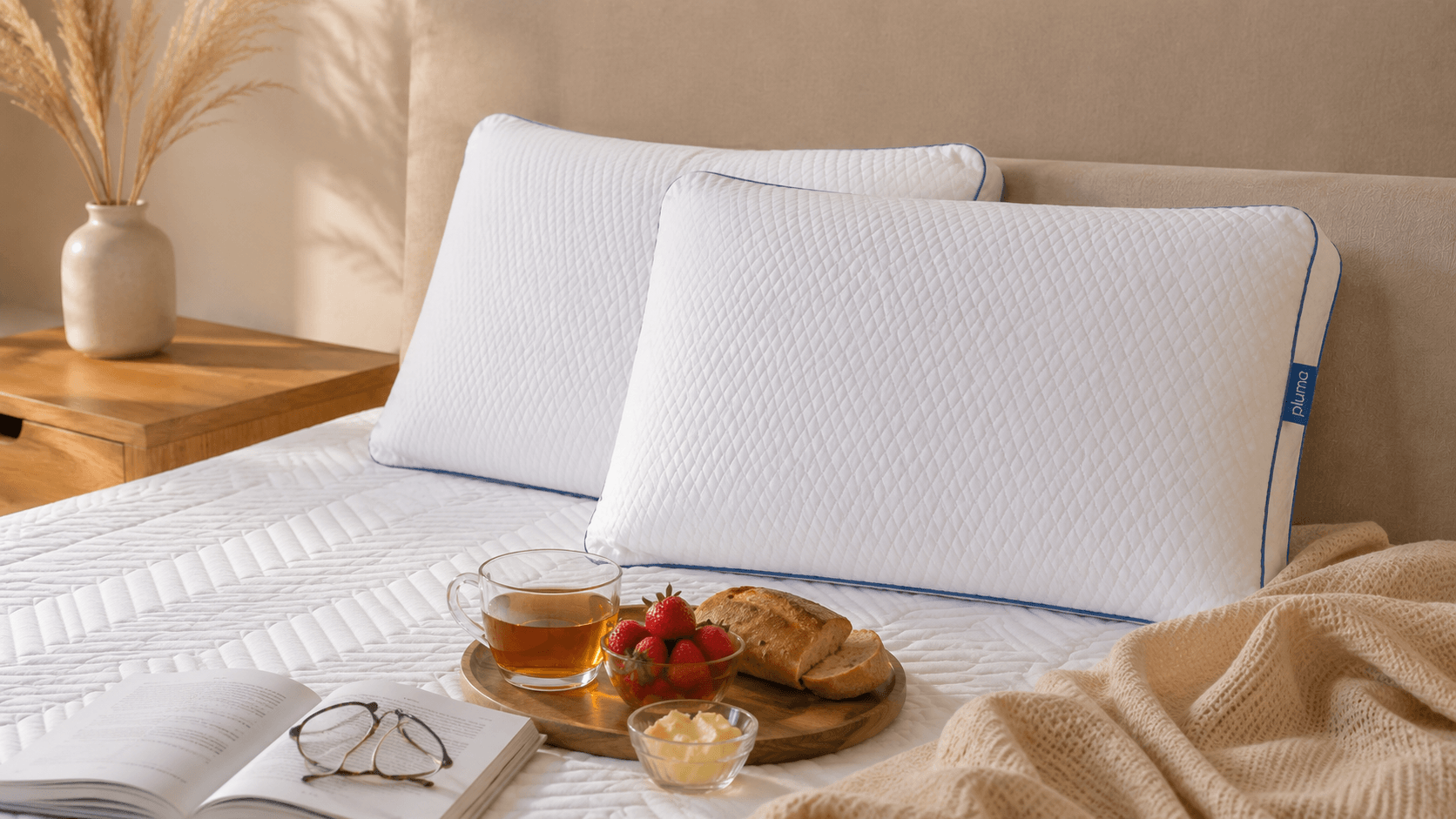 Travesseiro Antiestresse Pluma sobre a cama com café da manhã