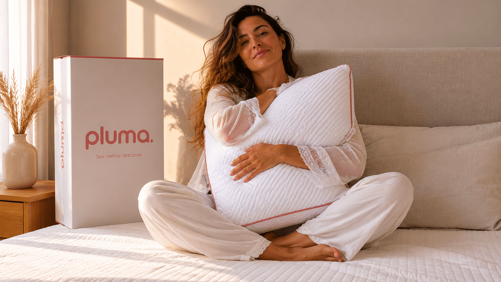 Influenciadora ao fundo da cama com o Travesseiro Antiestresse Pluma
